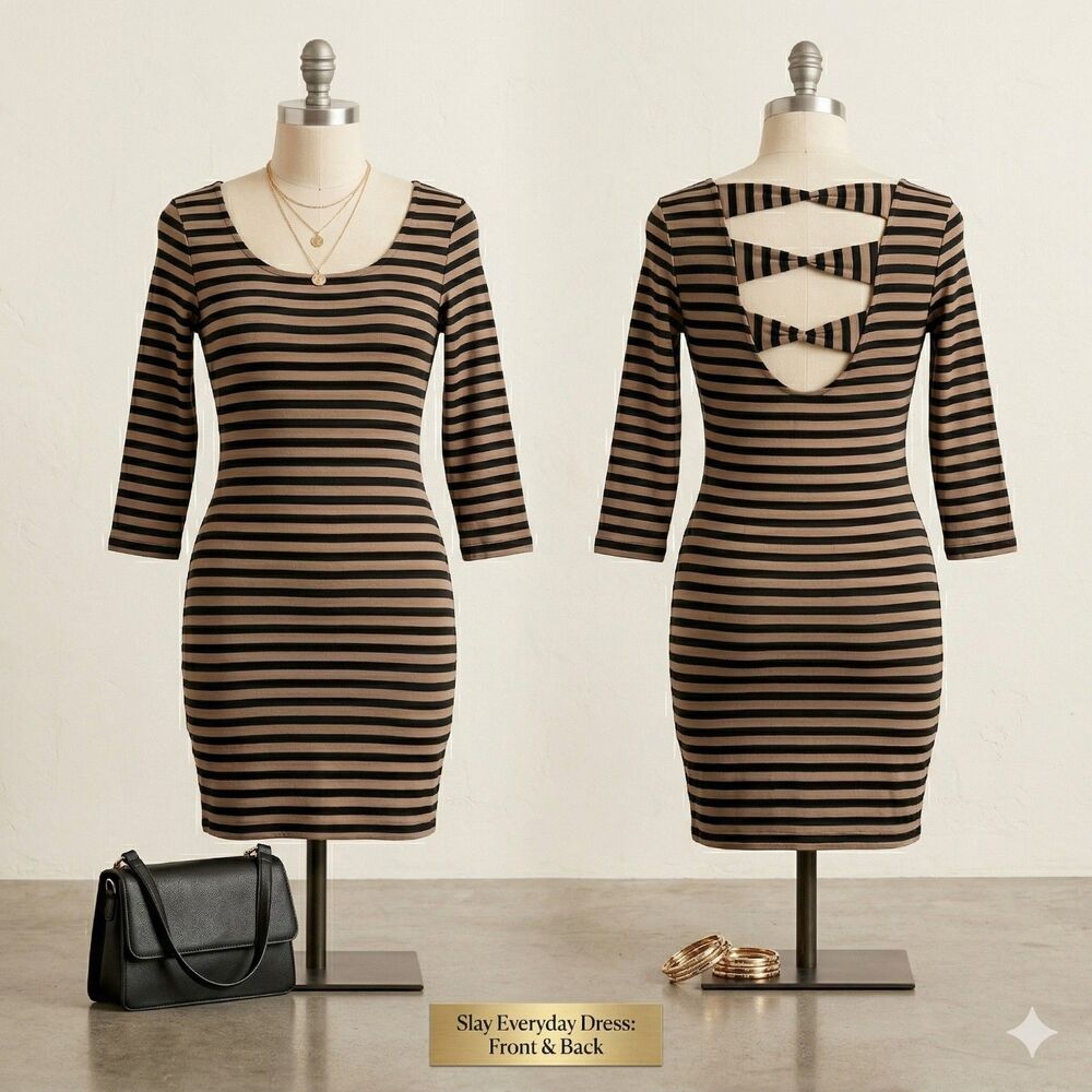 Soprano Black & Tan Striped Fitted Dress Size Medium